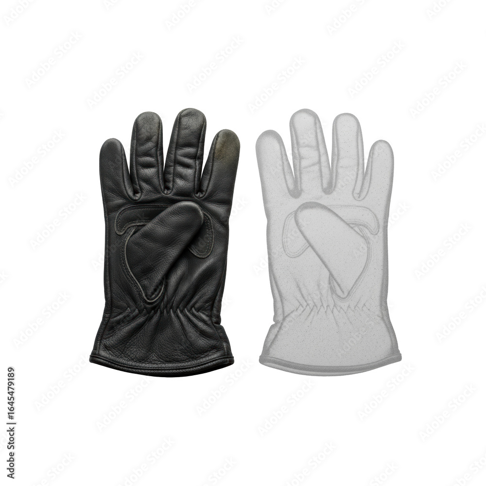 Obraz premium Worn faded black leather work glove, crumpled, with faint dusty transparent outline on clean matte transparent studio floor, top-down photorealistic, quiet sense of loss and abandonment