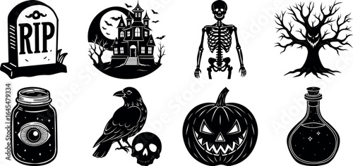 Black and white halloween vector silhouette set with spooky icons.