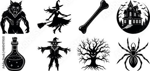Black and white halloween vector silhouette set with spooky icons.