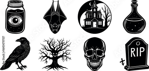 Black and white halloween vector silhouette set with spooky icons.