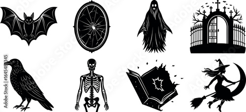 Black and white halloween vector silhouette set with spooky icons.