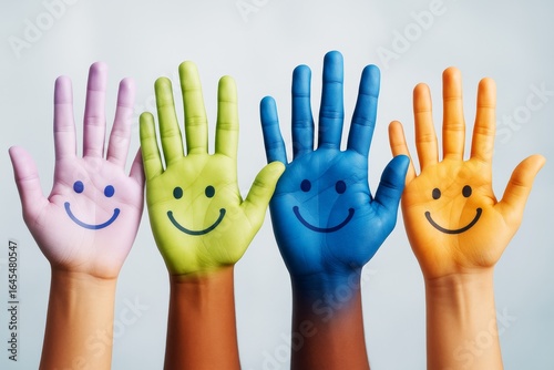 Colorful painted hands with smiley faces raised together on light background symbolizing happiness, unity, and creative expression.
