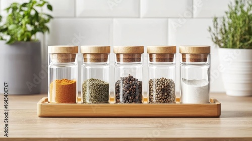 Fototapeta Naklejka Na Ścianę i Meble -  A meticulously organized spice rack displayed in a cozy kitchen setting featuring a collection of glass jars filled with various herbs and spices neatly arranged on a wooden tray