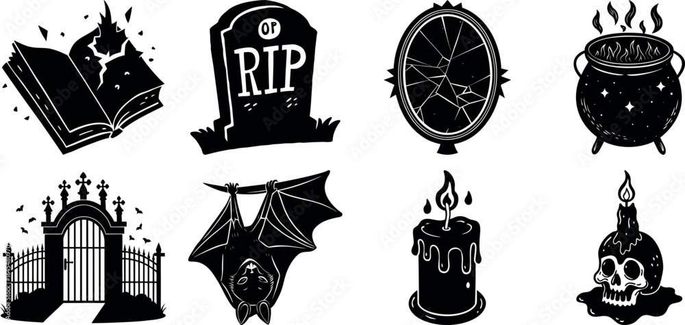 Fototapeta premium Black and white halloween vector silhouette set with spooky icons.