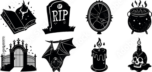 Black and white halloween vector silhouette set with spooky icons.
