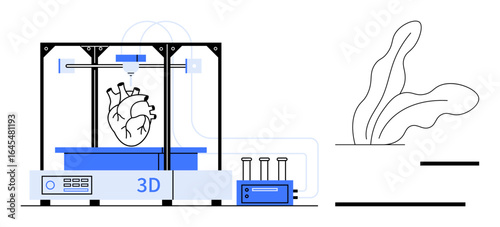 Advanced 3D printer manufacturing a human heart, connected equipment for biotechnology innovation. Ideal for healthcare, technology, biotechnology, STEM, future medicine, organ transplant, simple