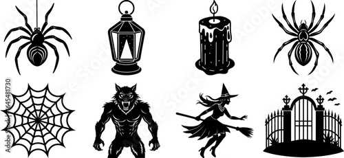 Black and white halloween vector silhouette set with spooky icons.