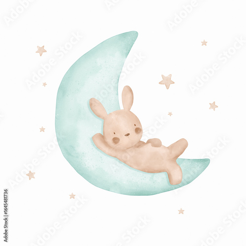 Cute Watercolor-like Nursery Illustration. Hand-drawn Art With A Starry Night Sky And Dreamy Bunny On a Blue Moon.Lovely Drawing With Bunny And Beige Stars On A White Background.Kids' Room Decoration.