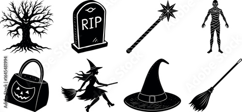 Black and white halloween vector silhouette set with spooky icons.
