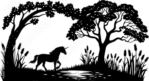 Magical Unicorn Silhouette in a Fantasy Forest - Vector Illustration