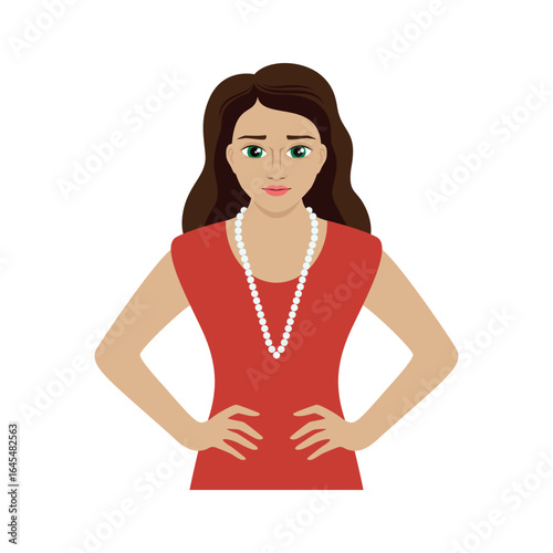 Beautiful young woman with hands on hips vector illustration. Pretty girl with pearls icon isolated on a white background. Attractive caucasian woman with brown hair cartoon style