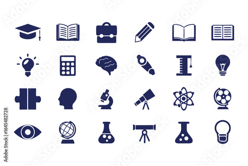 Education and Science Icon Set. Vector Glyph Symbols for School, Learning, Research, STEM