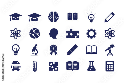 Education and Science Icon Set. Vector Glyph Symbols for School, Learning, Research, STEM