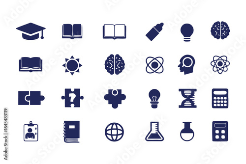 Education and Science Icon Set. Vector Glyph Symbols for School, Learning, Research, STEM