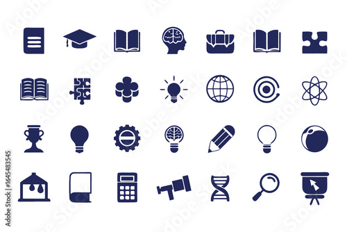 Education and Science Icon Set. Vector Glyph Symbols for School, Learning, Research, STEM