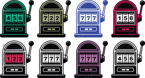 Collection of vintage slot machines with different colors and winning combinations