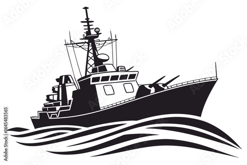 Silhouette of a modern warship sailing through stylized waves