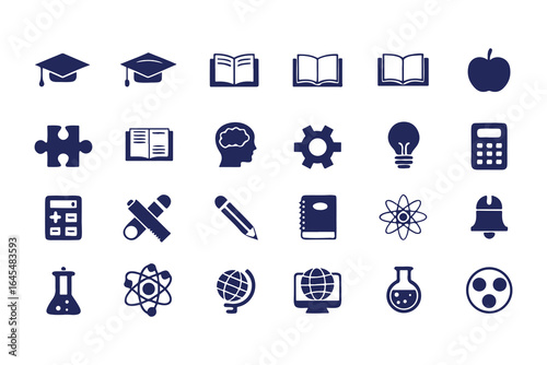 Education and Science Icon Set. Vector Glyph Symbols for School, Learning, Research, STEM