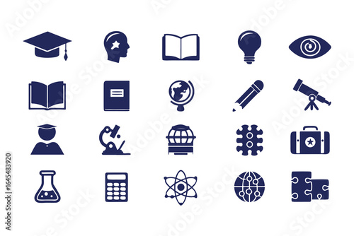 Education and Science Icon Set. Vector Glyph Symbols for School, Learning, Research, STEM