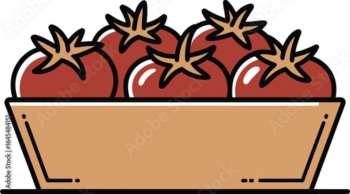 Fresh ripe red tomatoes piled high in a simple wooden crate