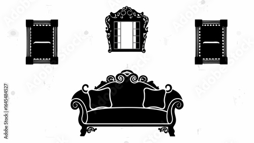 An illustration of a couch with pillows and two windows with an ornate mirror above the couch |  editable eps vectors silhouette