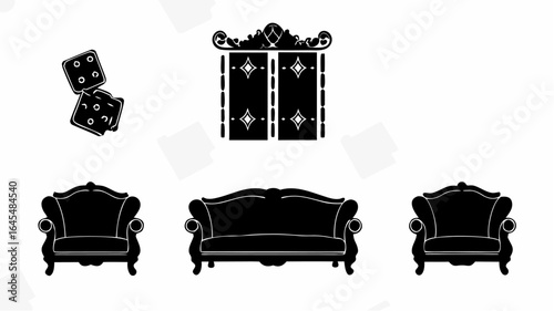 Silhouette illustration featuring furniture dice and a decorative door in a simple composition |  editable eps vectors