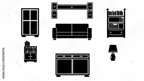 Illustration of living room furniture including a sofa bookcase cabinet and wall mounted speakers displayed |  editable eps vectors silhouette