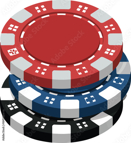 Stack of red blue and black casino poker chips isolated on white background