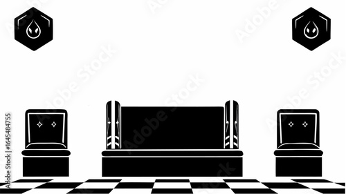 A black and white illustration of a room with a throne and two chairs and wall decorations |  editable eps vectors silhouette