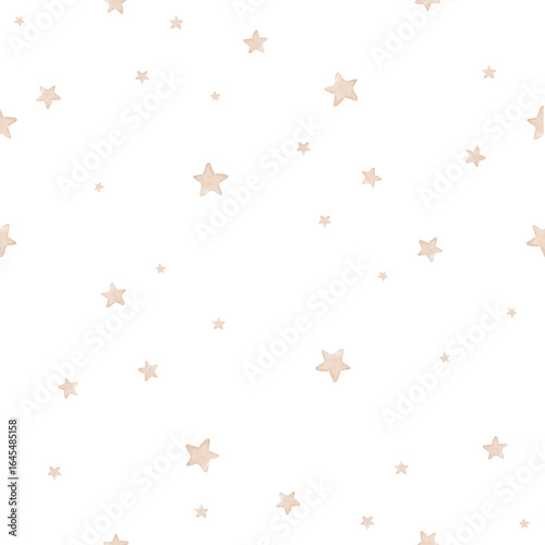 Watercolor-like Nursery Pattern. Hand-drawn Seamless Pattern Of A Starry Night Sky. Dreamy Whimsical Drawing With Beige Stars On A White Background. Magic Night Print. Simple Wallpaper With Stars.