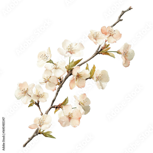 Fototapeta Naklejka Na Ścianę i Meble -  Delicate watercolor painting of a blossoming branch with soft peach and white flowers against a black background, isolated on a transparent background