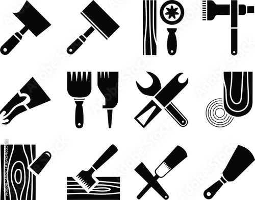 Variety of Woodworking and Carpentry Tools Black and White Icons Set for Craftsmen and DIY Enthusiasts
