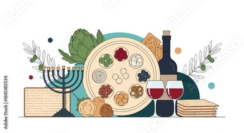 Passover seder plate celebration with matzah wine and menorah for jewish holiday feast traditions