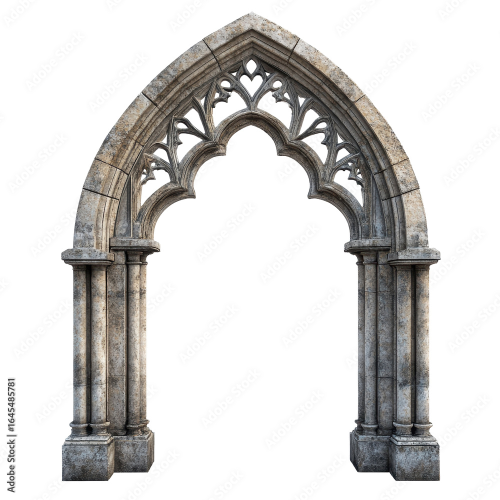 Obraz premium Gothic Archway Stone Columns Medieval Architecture Antique Entrance, isolated on a transparent background