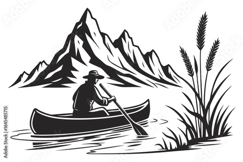 Man paddling a canoe through calm water with mountains and reeds