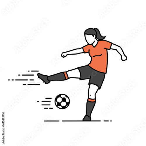 Dynamic Soccer Play: A skilled female athlete executes a powerful kick, sending the soccer ball soaring with precision and grace.