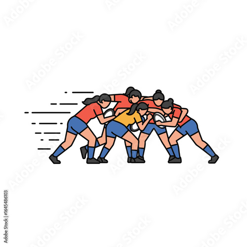 Rugby scrum illustration: A dynamic rugby scrum illustrating a group of players in a display of strength, teamwork, and competition.