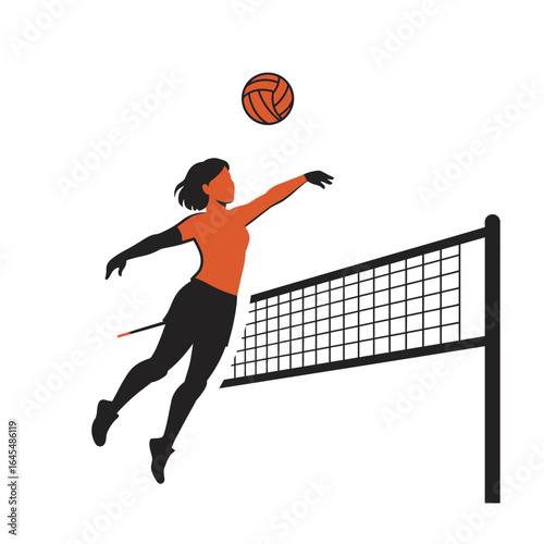 Volleyball Silhouette: A dynamic illustration of a volleyball player mid-air, striking the ball with power and precision above the net, emphasizing the grace and athleticism of the sport.