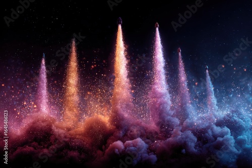 Five rockets launching with trails of colorful sparks and smoke against a dark starlit backdrop