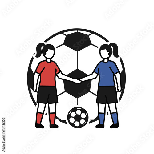 Unity in Sport: Two female athletes shake hands in front of a soccer ball, symbolizing sportsmanship and the spirit of fair play in a cartoon illustration.