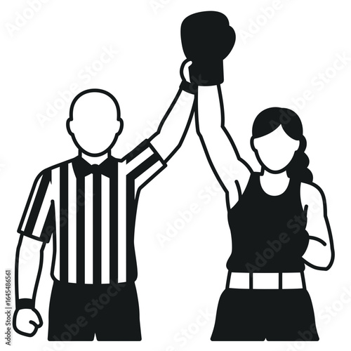 Triumphant Moment: Victory is declared in the boxing ring. Referee raises the arm of a triumphant female boxer, a moment frozen in a dynamic silhouette capturing athleticism and spirit.