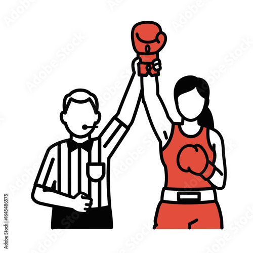 Victory Silhouette: A stylized illustration captures the decisive moment in a boxing match where the referee signals the win for the triumphant boxer.