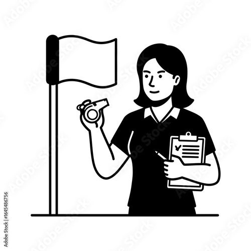 Umpire Ready for Duty: A determined umpire, whistle in hand, stands ready to oversee the match. The illustration emphasizes preparation and authority, creating a clean and professional aesthetic.
