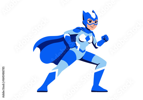 Cartoon Superheroine in Blue Costume Ready for Action