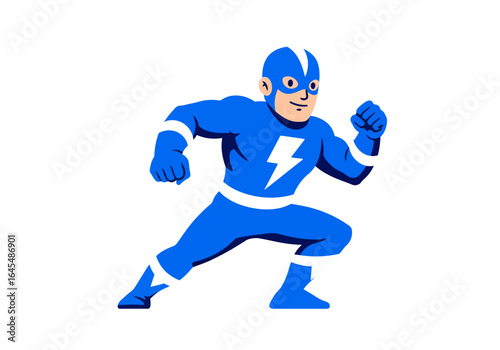 Cartoon Superhero Running with Lightning Bolt Emblem