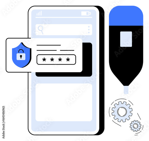 Smartphone app screen, shield with lock, password entry box, blue marker, and gears. Ideal for cybersecurity, encryption, mobile app design coding productivity data protection technology. Simple