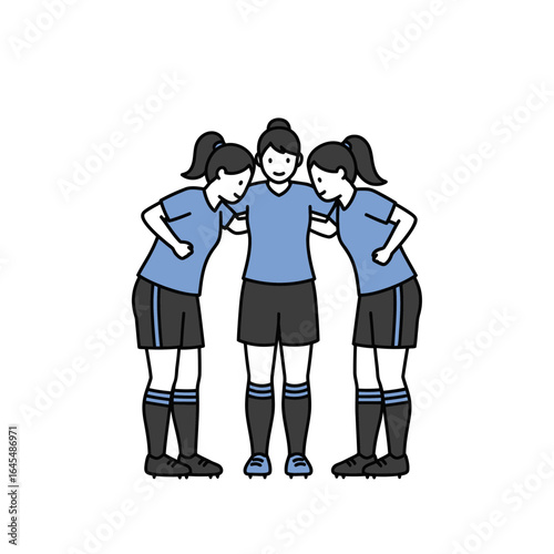 Team huddle illustration: Three female soccer players, embracing in a supportive huddle, symbolize unity and strategy before a competition, illustrated in a clean, modern style.