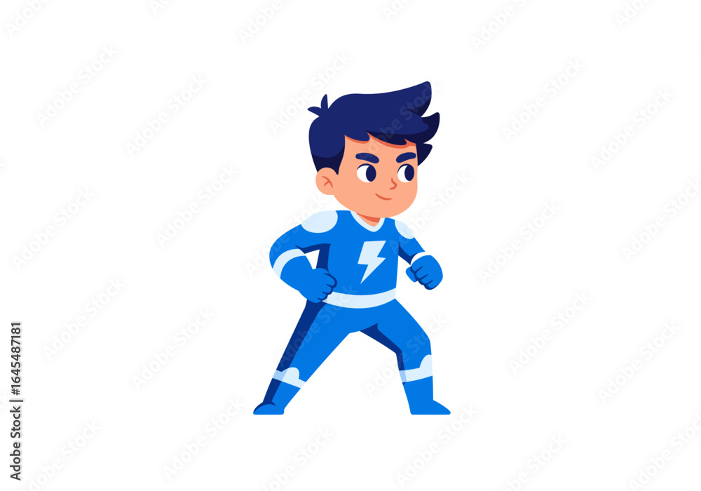 Fototapeta premium Cartoon Boy Dressed as a Blue Superhero with Lightning Bolt
