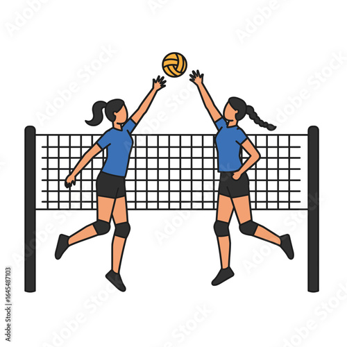 Volleyball Action: Two female players compete in a dynamic volleyball match, executing a precise block against the ball with determination and skill in an illustrated composition.