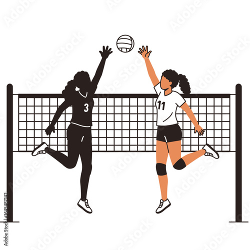 Volleyball Action: Illustrative artwork depicting two female athletes leaping and reaching for the volleyball during an exciting game.